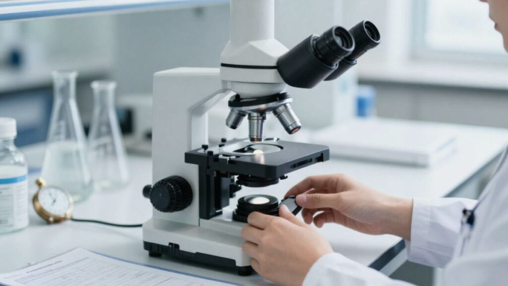 Mani di un ricercatore al microscopio in un laboratorio, accanto a cartelle cliniche, cronometro e dinamometro: gli strumenti usati per misurare la progressione della Distrofia Miotonica di tipo 2